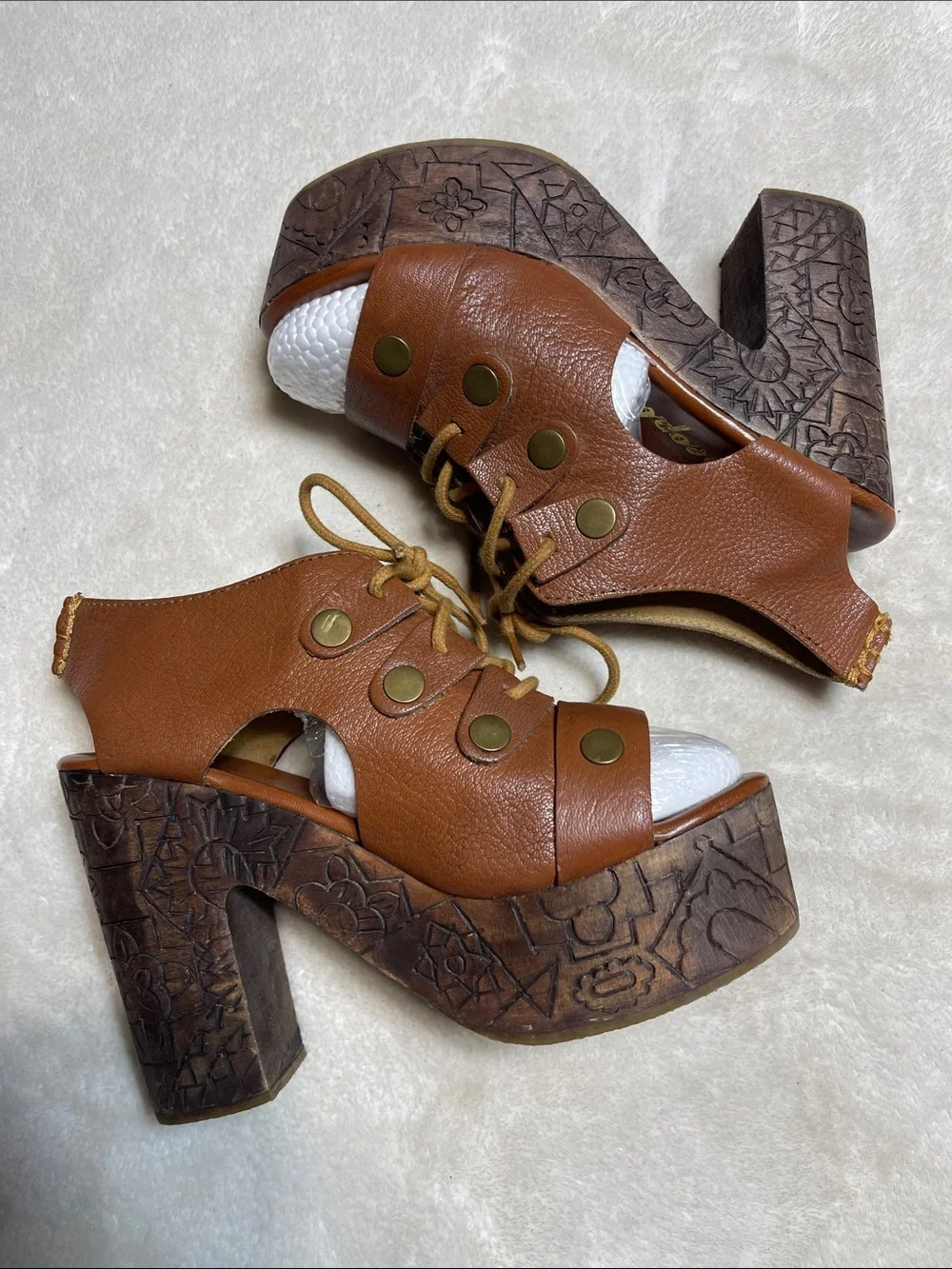 Free People Brown Leather Carved-Wood Platform Sandals Size 37